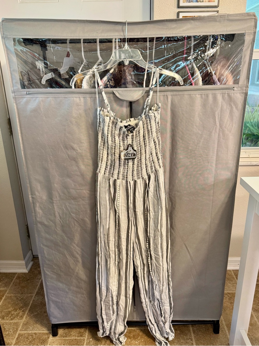 Angie Cream and Gray Striped Smocked One-Piece